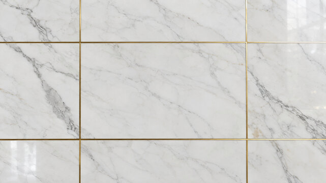 Luxury white marble tile texture with gold grout lines, modern polished ceramic wall background, elegant marble grid pattern for interior design