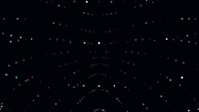 Tri-Helix Dot Cascade spherical latitude dot globe rotation motion video rendered with BIOLUMINESCENT GREEN glowing quantum dot particles. Ideal for cybernetic line dot animations, biotechnology