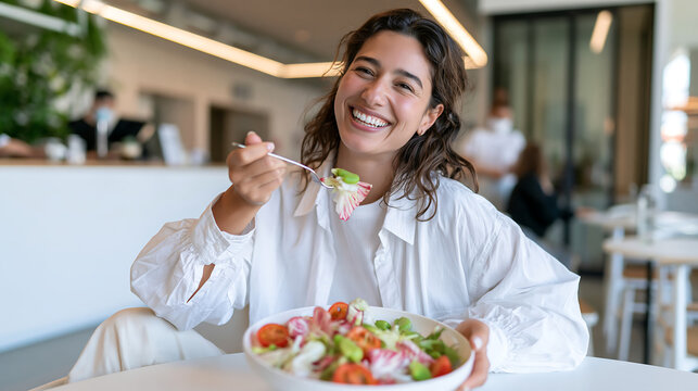 happy female enjoying a big bowl of green vegetables and lettuce at a restaurant table representing vegan food organic meals and a plant based nutrition concept