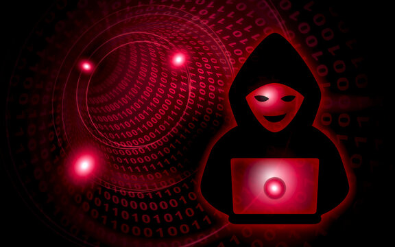 赤い二進数を背景にした仮面のハッカーとノートパソコン、サイバー犯罪のイメージ