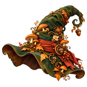 Enchanted Autumn Witch Hat Decorated with Mushrooms, Acorns, Orange Maple Leaves and Green Fabric Isolated on Transparent Background