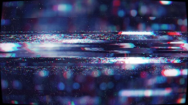 Dark crt static noise and vhs scanlines overlay with colorful glitch screen effect. Vibrant retro analog television background for futuristic cyberpunk music videos and media projects.