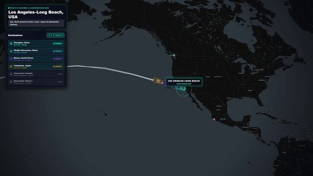 Port of Los Angeles Shipping Hub Transpacific Maritime Route Map with Cargo Ship and Telemetry HUD 4K Animation