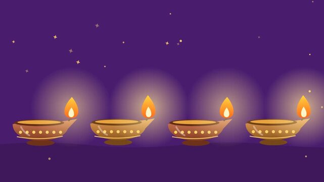 Diwali clay diya oil lamps glowing in a row, flickering flames on purple background, seamless loop flat animation