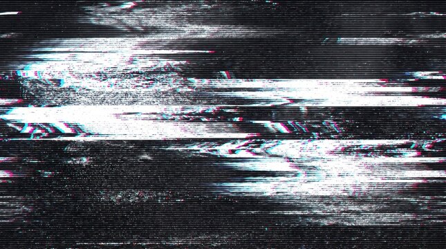 Dark glitch texture background with digital tv static noise, horizontal distortion lines, vhs signal loss, corrupted screen overlay effect for cyber technology and gaming design