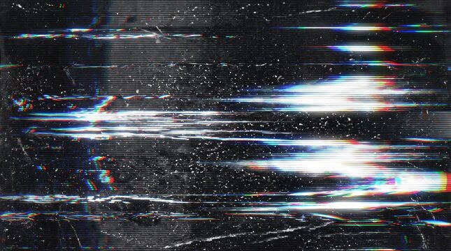 Colorful RGB split glitch distortion effect background with bright horizontal streaks, analog television scanlines and retro VHS static noise texture for modern cyberpunk graphic design.