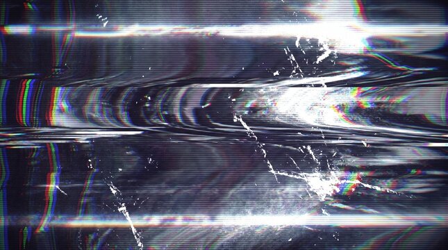 Glitch background with bright light flash and crt scanlines, analog tv static noise and damaged vhs tape overlay texture for dynamic cyberpunk media design and video editing projects.