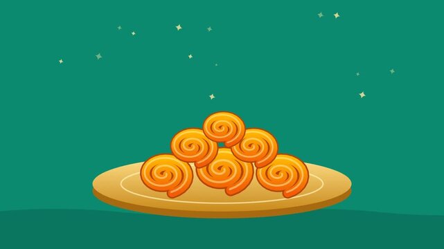 Plate of orange jalebi sweets, traditional Indian dessert for Diwali, seamless loop flat animation