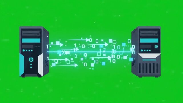 Data transfer between two server computers with binary codes on green screen