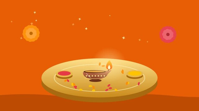 Decorated puja thali plate with diya, kumkum and flowers, Hindu prayer ritual, seamless loop flat animation