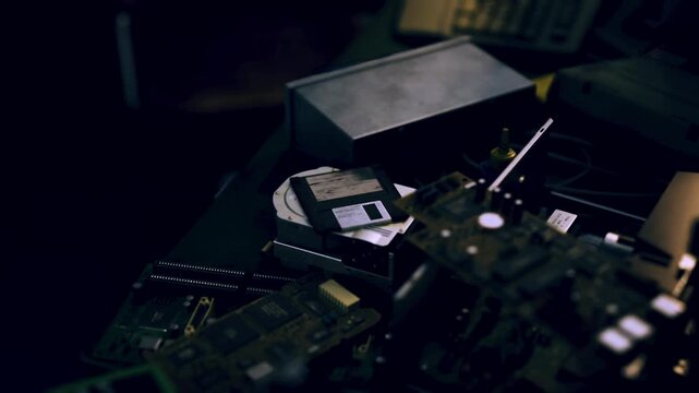 A cluttered workbench reveals old electronics and computer parts, including a floppy disk, surrounded by shadows. This snapshot captures the essence of nostalgic tech repair and exploration.