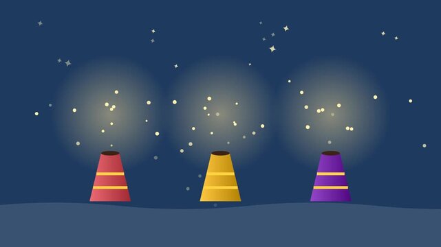 Anar flower pot fountain fireworks spraying sparks at night, Diwali crackers, seamless loop flat animation