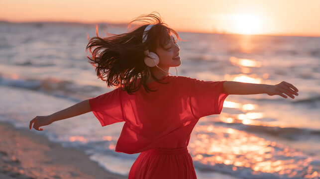 carefree young girl listening to music with wireless headphones spinning by the ocean at golden hour with windy hair and warm sunset glow showing pure happiness