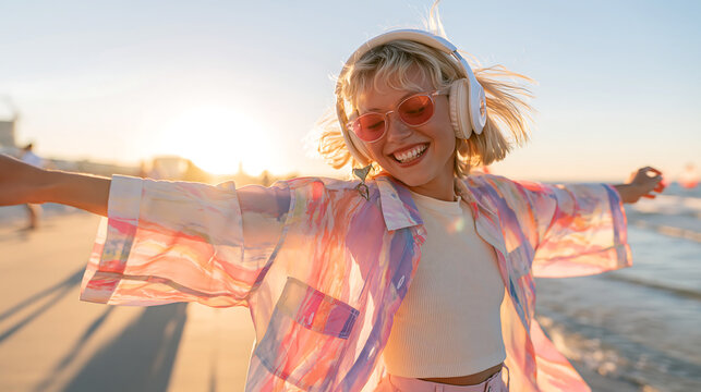 carefree young girl listening to music with wireless headphones spinning by the ocean at golden hour with windy hair and warm sunset glow showing pure happiness