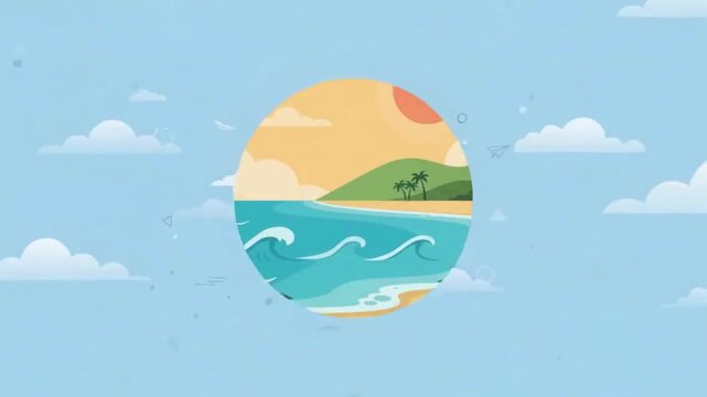 Animated travel concept with airplane flying over globe landmarks and tropical beach