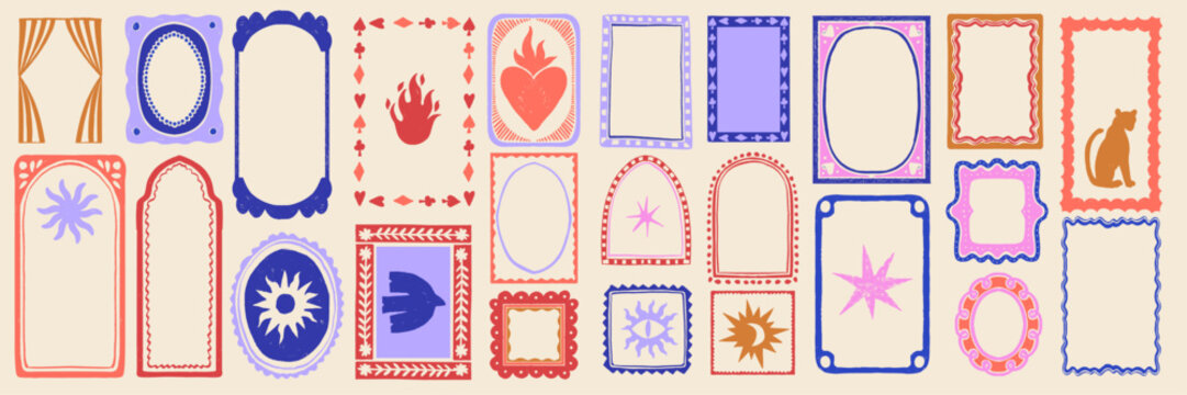 Frame doodle set with arch and border shapes, decorative and modern in a whimsical cartoon style. Cute birthday print for children with blank labels for a photo or picture. Vintage doodle frame design
