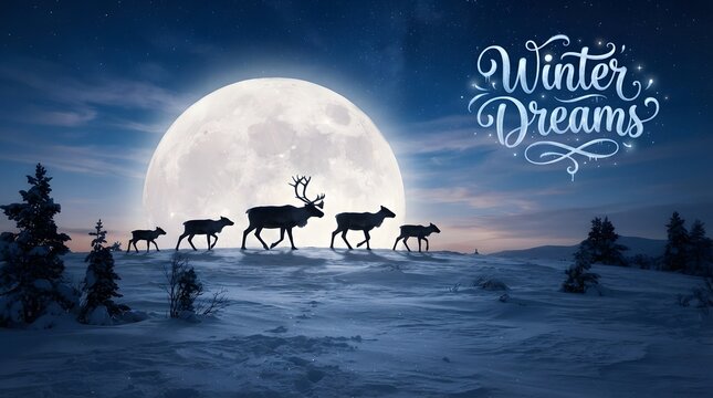 Silhouetted reindeer stand against a large full moon in a winter landscape