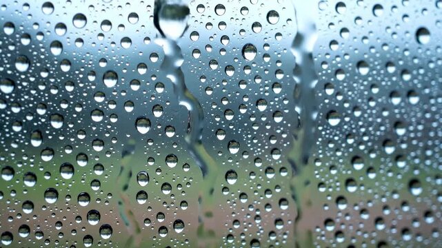 Rain falls steadily as water drops accumulate on the window. Outside, a green park is visible through the blurred glass. The atmosphere reflects a rainy day