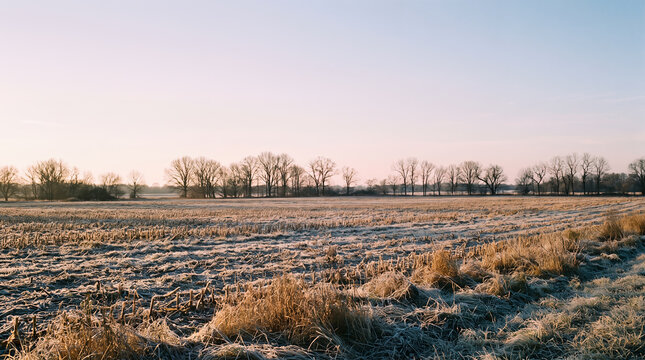 Frost-covered rural field at winter transition with trees in background  