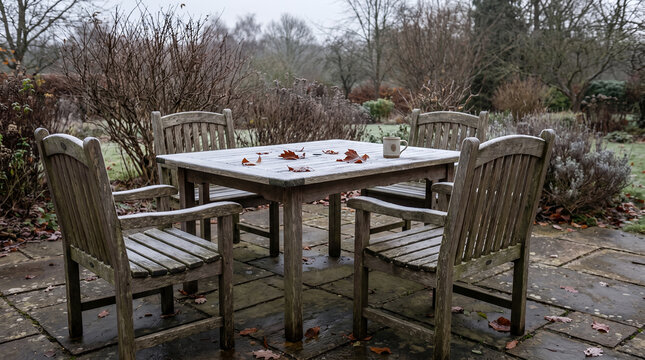 Frost on outdoor garden furniture during winter transition  