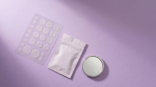 Acne patch hydrocolloid patch skincare product cosmetic mirror resealable pouch round shape transparent minimal style purple background beauty routine facial care clean