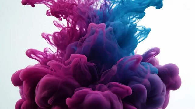 Red and blue pigments blend in clear water, forming interesting designs that shift and change slowly. This captivating mix draws the eye with its motion and vibrancy