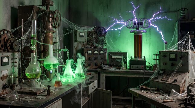 Mad Scientist Lab with Tesla Coil and Glowing Bubbling Flasks