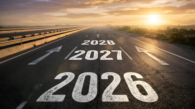 Road ahead with years 2026 2027 and 2028 painted on asphalt surface