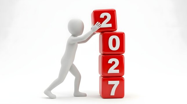 Figurative person pushing blocks stacked to form the year two thousand twenty seven