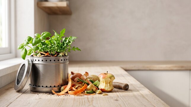 Eco-friendly kitchen composting with organic food scraps and vegetable peels on a wooden counter next to a metal bin and fresh green herbs