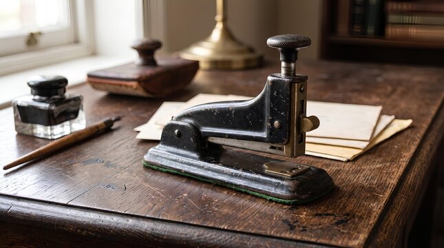 Vintage Metal Stapler on Wooden Desk with Ink Bottle and Writing Tools