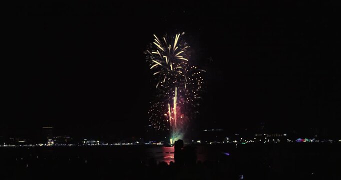 Celebration greeting Beautiful fireworks colorful fireworks on the beach for abstract background , anniversary, celebration , 4th July independence day and new year background or wallpaper.