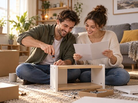 happy young caucasian couple assembling wooden furniture. smiling man using screwdriver with woman reading manual guide. moving day, home improvement, diy project, lifestyle concept.