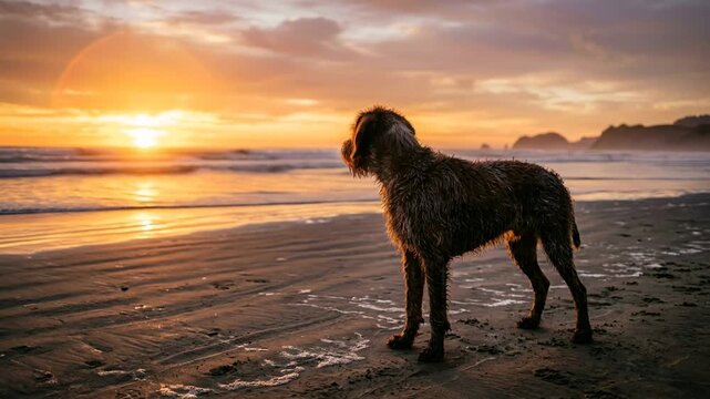 Pudelpointer dog at the beach close up at sunset light