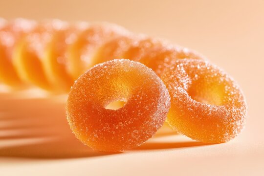 Assorted peach ring gummies displayed on a light, pastel-toned dessert scene