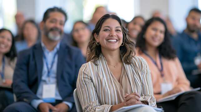 smiling woman with curly hair and an event lanyard sitting in the audience at a business conference wearing a beige blazer showing professional networking