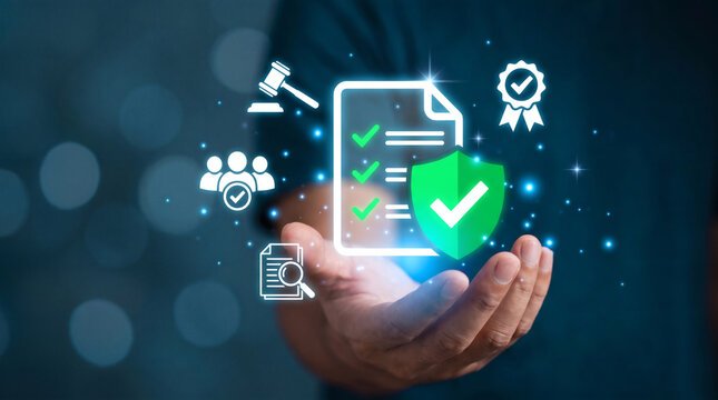 Hand holding digital security protection and legal compliance verification icons for business data safety and quality certification