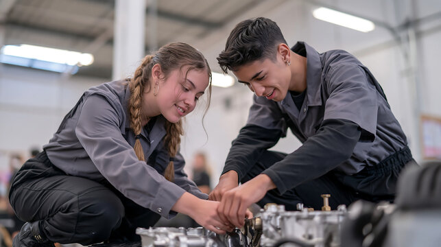 smiling automotive mechanics working together to repair a car engine in a professional vehicle workshop