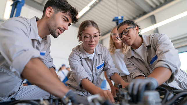 smiling automotive mechanics working together to repair a car engine in a professional vehicle workshop