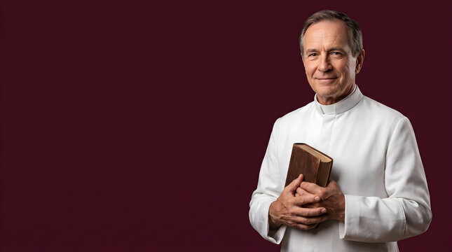 A smiling middle aged priest wearing a white clerical shirt and holding a holy bible against a dark background