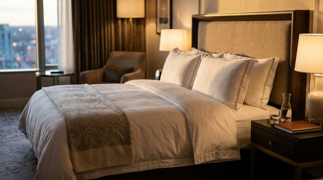 A comfortable and luxurious hotel room with a neatly made bed and a bedside table illuminated by soft lamplight