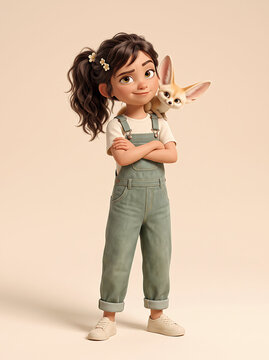 Charming 3D animated girl with ponytail and flower clips, with a fennec fox on her shoulder against a soft beige background