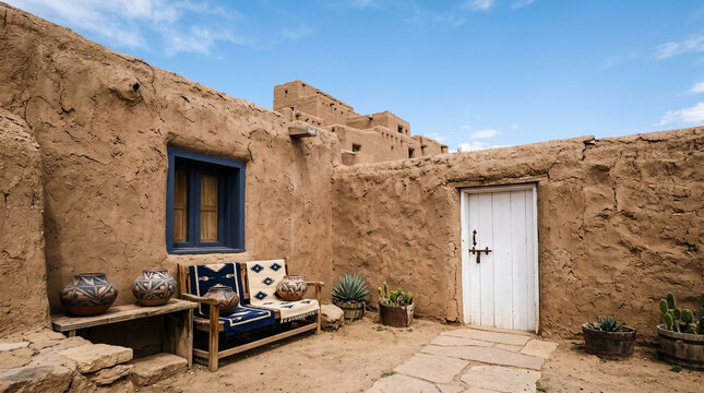 Adobe pueblo building with a rustic white door and a bench with patterned cushions in an outdoor courtyard