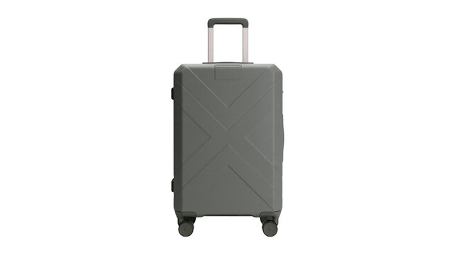 Isolated modern grey hard shell luggage bag with telescopic handle and four spinner wheels