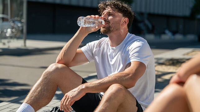 thirsty man drinking fresh water from a bottle outdoors after a workout on a hot summer day showing hydration fitness healthy habits and an active lifestyle