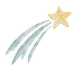Watercolor shooting star illustration with a bright yellow star and soft blue trail. This celestial comet artwork is painted by hand for nursery design and kids prints. © Karina Martirosova