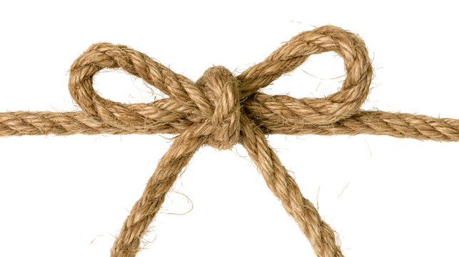 Isolated rustic natural fiber rope bow, tied knot for packaging or gift decoration