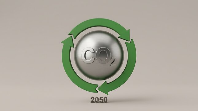 Metallic sphere representing co2 surrounded by a green recycling arrow icon and the year 2050 with carbon dioxide
