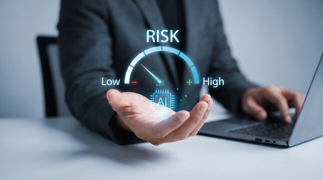 Businessman managing artificial intelligence risk assessment using a digital holographic gauge interface in a modern corporate office environment