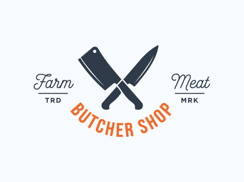 Vintage Butcher Shop Logo with Crossed Cleaver and Kitchen Knife Emblem